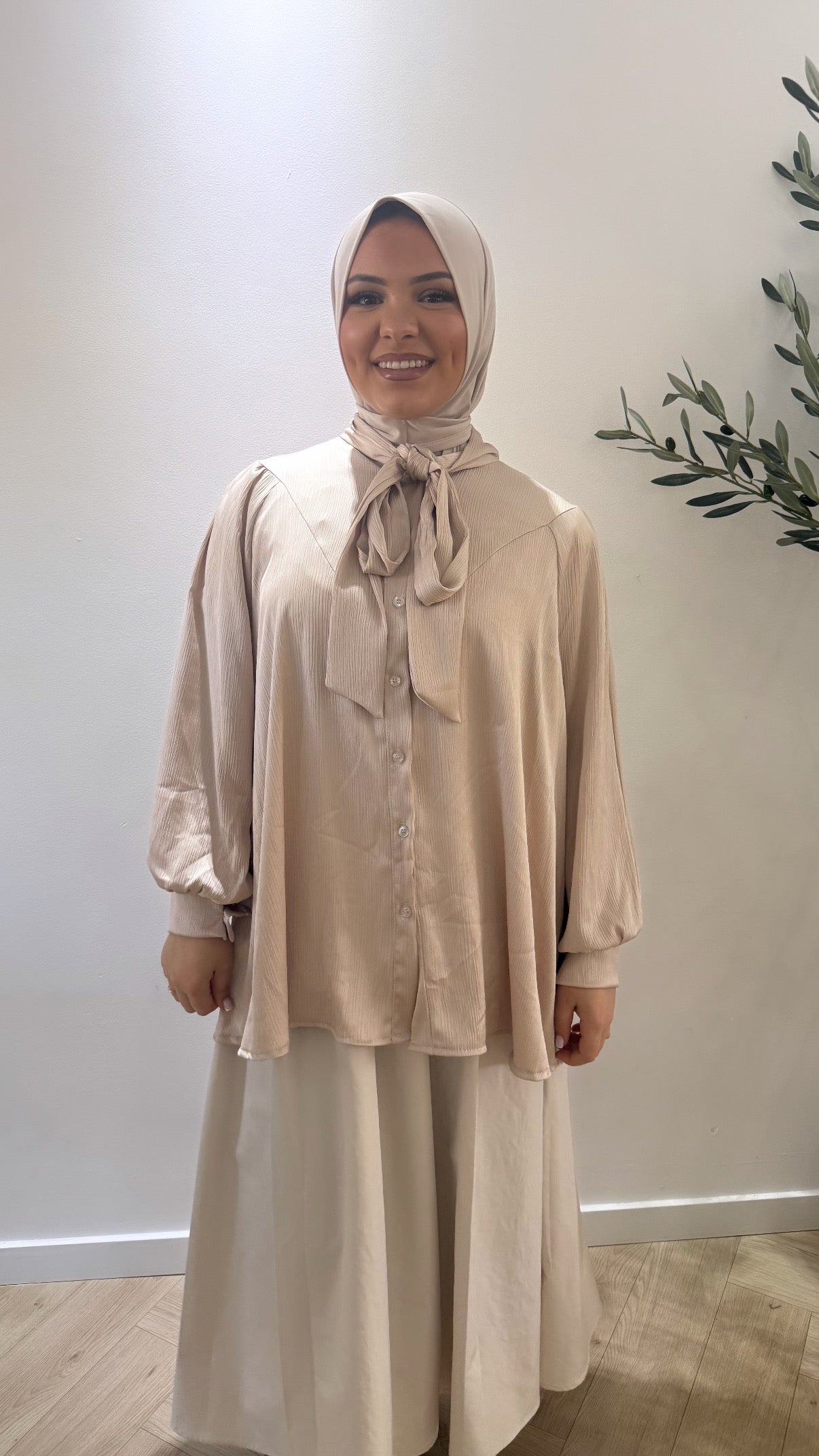 Satin Bow Blouse - Beige