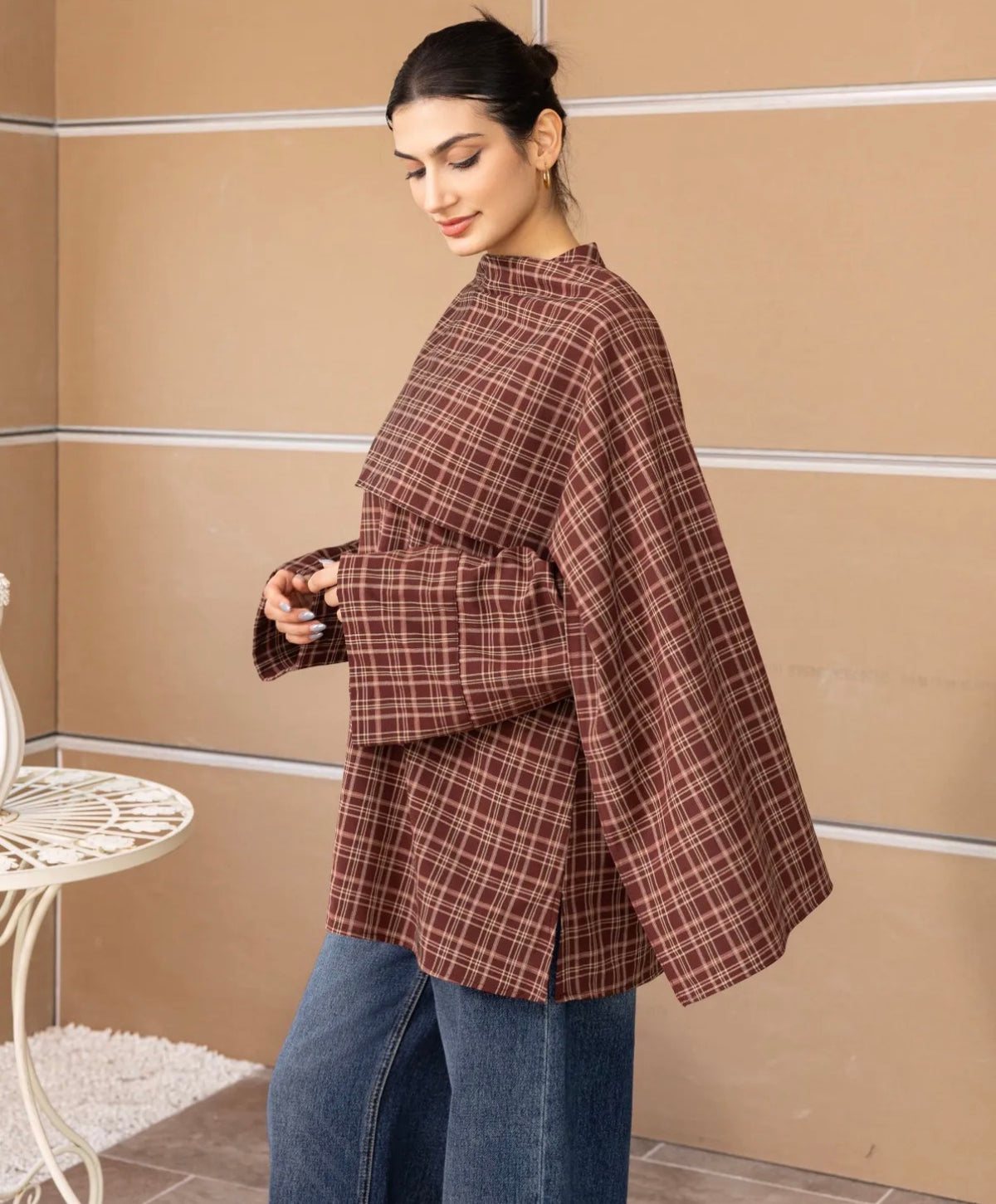 Checked blouse - burgundy